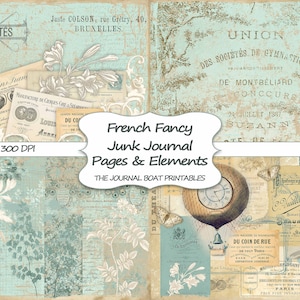 Afdrukbare Junk Journal Kit, French Fancy, Ephemera, Duck Egg Blue, dagboekpagina's, collagevellen, digitale download, Shabby Chic