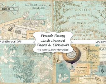 Utskrivbart skräpjournalkit, fransk fantasi, efemera, ankäggsblått, journalsidor, collageark, digital nedladdning, shabby chic
