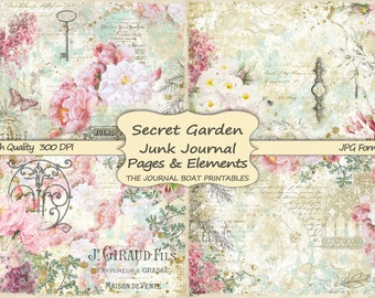 Junk Journal Printable, Secret Garden, Pink, Vintage Ephemera, Collage Sheets, Digital Download, Printable Paper, Journal Pages, Shabby Chic