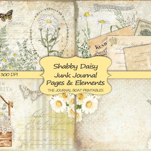 kit per diario spazzatura, margherita shabby, effimeri vintage, giallo, fogli di collage, pagine di diario, diario spazzatura fai da te, carta stampabile