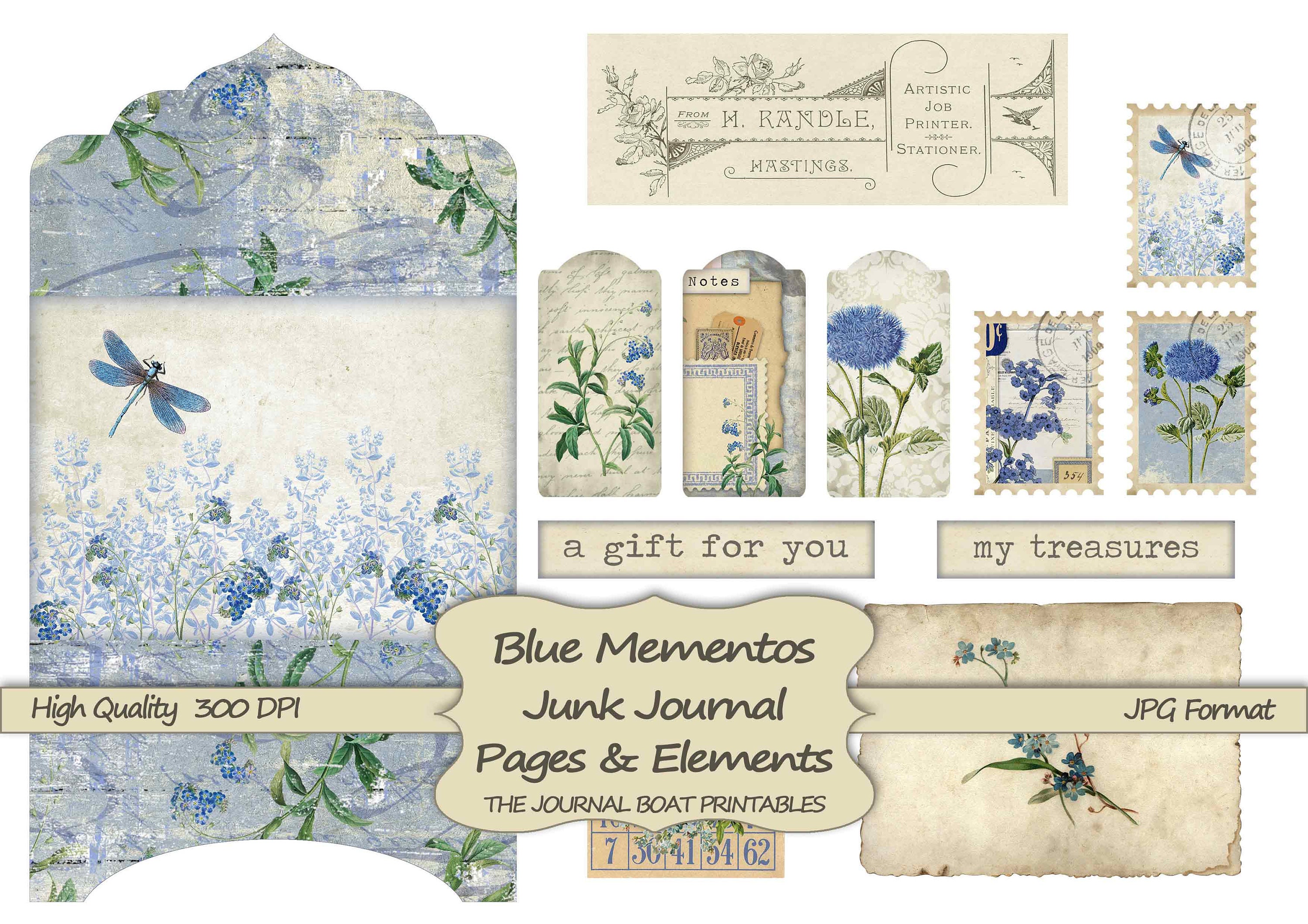Junk Journal Digital Kit, Blue Mementos, Vintage Ephemera Kit, Collage ...