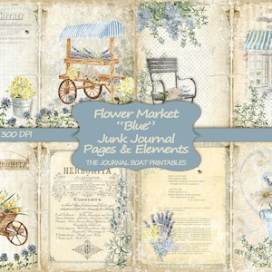 Kit diario spazzatura, Flower Market Blue, Ephemera vintage, fogli di collage, kit di download digitale, carta stampabile, pagine di diario, Shabby Chic