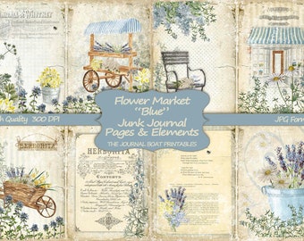 Junk Journal Kit, Flower Market Blue, Vintage Ephemera, Collage Sheets, Digital Download Kit, Printable Paper, Journal Pages, Shabby Chic