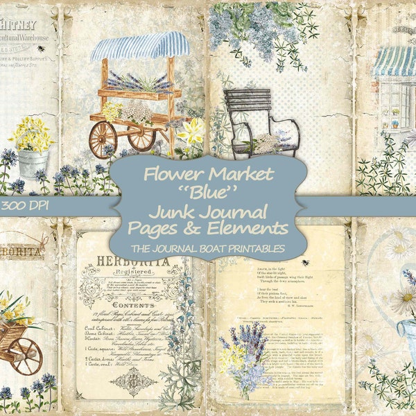 Junk Journal Kit, Flower Market Blue, Vintage Ephemera, Collage Sheets, Digital Download Kit, Printable Paper, Journal Pages, Shabby Chic