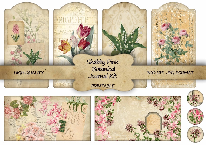 Junk Journal Kit Shabby Pink Botanical Printable Paper Shabby Chic ...