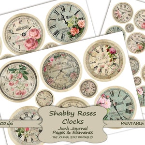 Shabby Roses-klokken, ephemera vintage stijl, afdrukbaar, digitale download, collageblad, bloemen, efemere rommeldagboek, versieringen