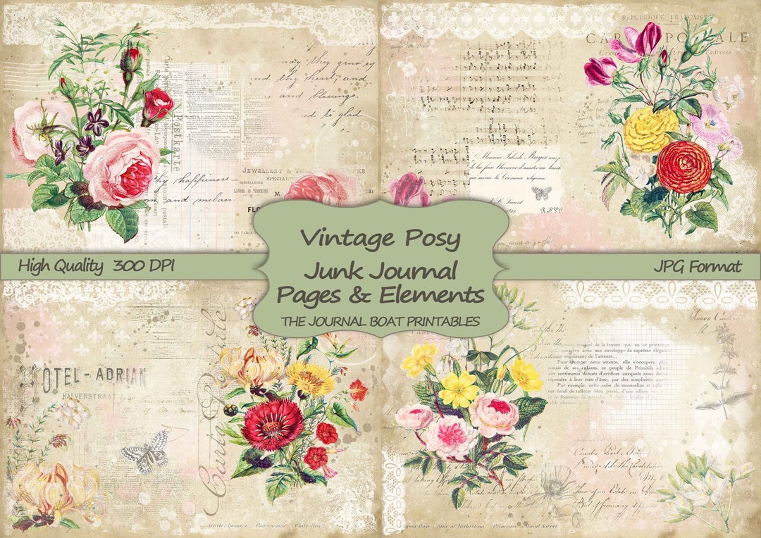 Junk Journal Kit Vintage Posy Printable Paper Shabby Chic Journal Pages ...