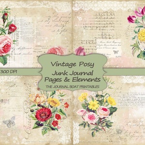 Junk Journal Kit Vintage Posy Printable Papier Shabby Chic Journal Seiten Vintage Ephemera Collage Sheets digitaler Download