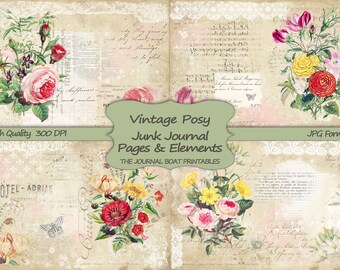 Junk Journal Kit Vintage Posy Printable Paper Shabby Chic Journal Pages Vintage Ephemera Collage Sheets Digital Download