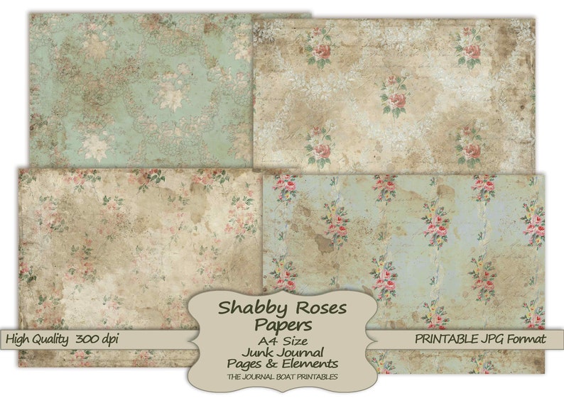 Shabby Rose-papper, utskrivbara skräpjournaler i A4-storlek, Grungy Vintage, digital skräpjournal, skräpjournalmaterial, collageark bild 2