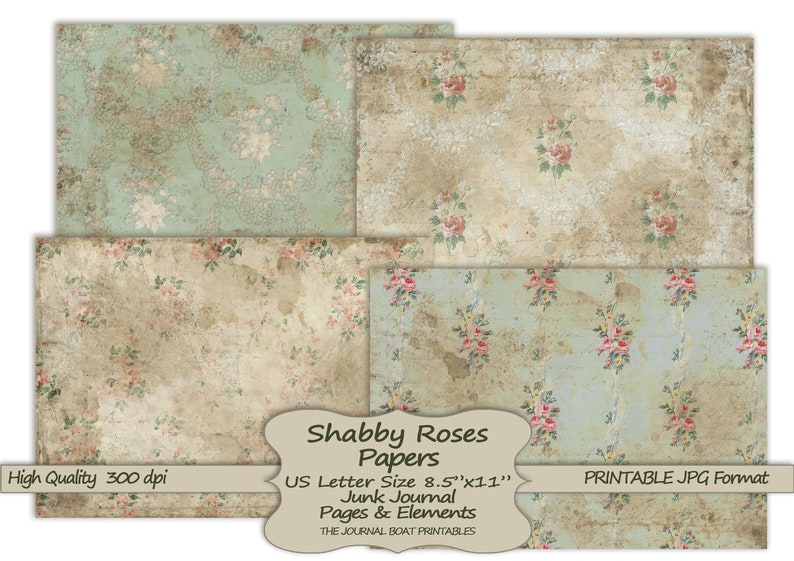 Shabby Rose-papper, utskrivbara skräpjournaler i A4-storlek, Grungy Vintage, digital skräpjournal, skräpjournalmaterial, collageark bild 7