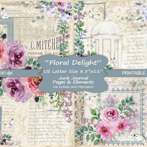 Floral Delight Junk Journal Kit, US letter, druckbares Junk Journal, rosa Blume druckbar, Junk Journal Zubehör, Vintage Ephemera