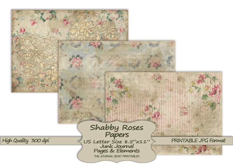 Shabby Rose-papper, utskrivbara skräpjournaler i A4-storlek, Grungy Vintage, digital skräpjournal, skräpjournalmaterial, collageark bild 10