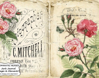 Junk Journal Kit, Romantische Rosen, Rosa Rosen, Rote Rosen, Shabby Chic, Journal Seiten, bedruckbar, Ephemera, Collage Sheet, digitaler Download