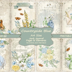 Bleu campagne, kit de journal indésirable, format A4, journal indésirable imprimable, fleur bleue imprimable, fournitures pour journal indésirable, éphémères vintage, minable