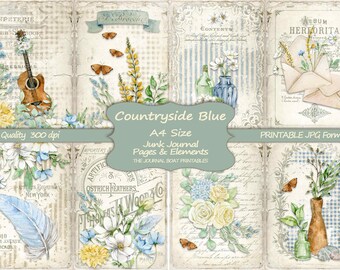 May include: A set of six printable digital papers in a blue and white color scheme with floral and botanical illustrations. The papers feature a guitar, butterflies, flowers, and a vintage envelope. The papers are labeled "Countryside Blue" and are designed for junk journaling.