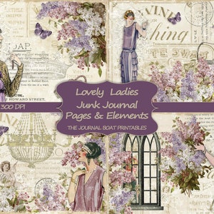 Kit de diario basura imprimible, Lovely Ladies, Púrpura, Lila, Hojas de collage, Descarga digital, Vintage, Roaring 20's, Ephemera