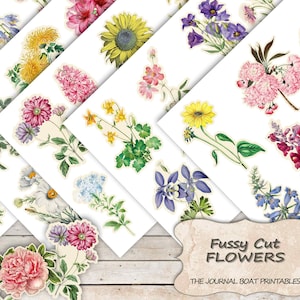 Flores recortadas, imprimibles, descarga digital, hojas de collage, flores, efímeras para diario basura, adornos