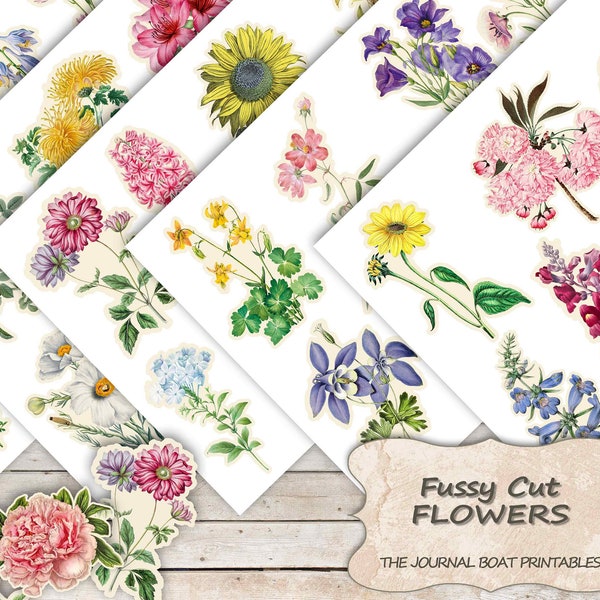 Fussy Cut Flowers,  Printable, Digital Download, Collage Sheet, Flowers, Junk Journal Ephemera, Embellishments