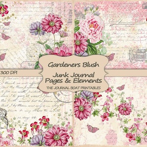 Zestaw Junk Journal, Gardeners Blush, różowy, Vintage Ephemera, Arkusze kolażu, Zestaw do pobrania cyfrowego, Papier do druku, Strony dziennika, Shabby Chic