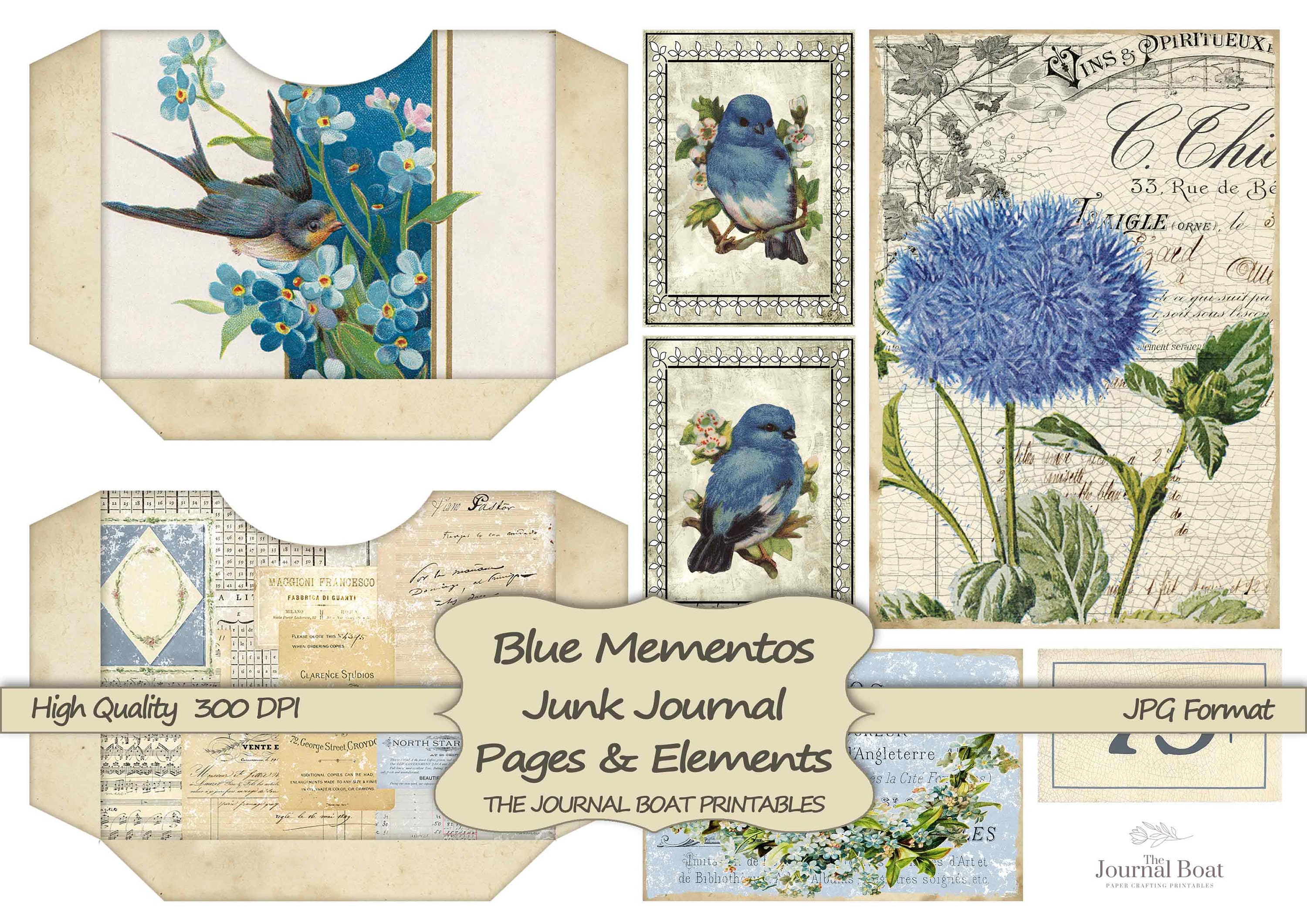Junk Journal Digital Kit, Blue Mementos, Vintage Ephemera Kit, Collage ...