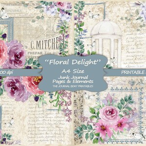 Floral Delight Junk Journal Kit, A4, Junk Journal druckbare, rosa Blume druckbare, Junk Journal Zubehör, Vintage Ephemera, Download
