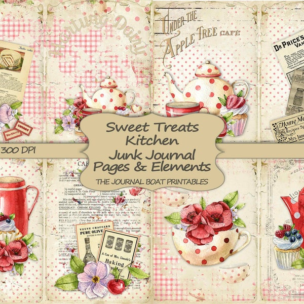 Junk Journal Kit, recipe book, Sweet Treats Kitchen, Vintage Ephemera, red, Collage Sheets, Printable Paper, Journal Pages, digital download