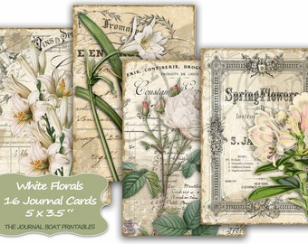 White Floral Journal Cards, ATC, Printable, Digital Download, Collage Sheet, Flowers, Junk Journal Ephemera, Embellishments