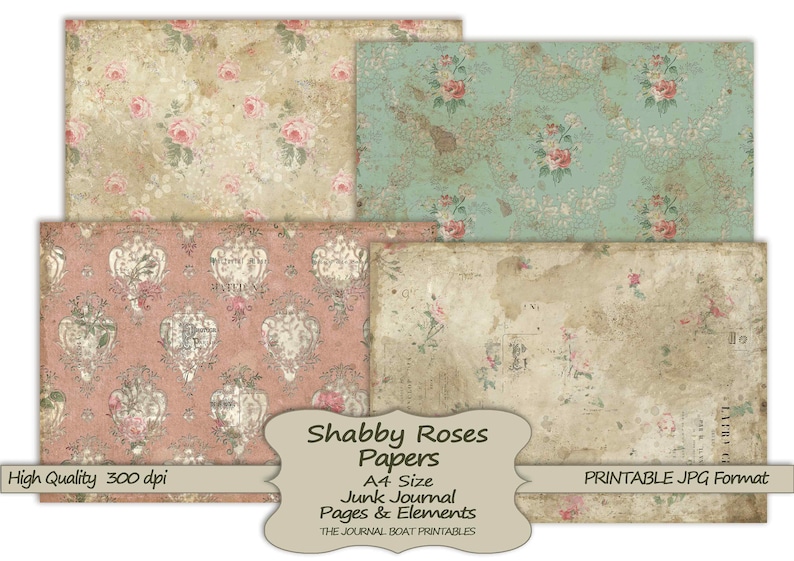 Shabby Rose-papper, utskrivbara skräpjournaler i A4-storlek, Grungy Vintage, digital skräpjournal, skräpjournalmaterial, collageark bild 4