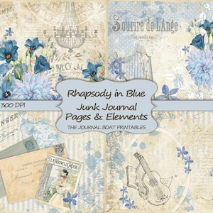 Kit de diario basura, Rhapsody in Blue, material efímero vintage, hojas de collage, kit de descarga digital, papel imprimible, páginas de diario, estilo shabby chic