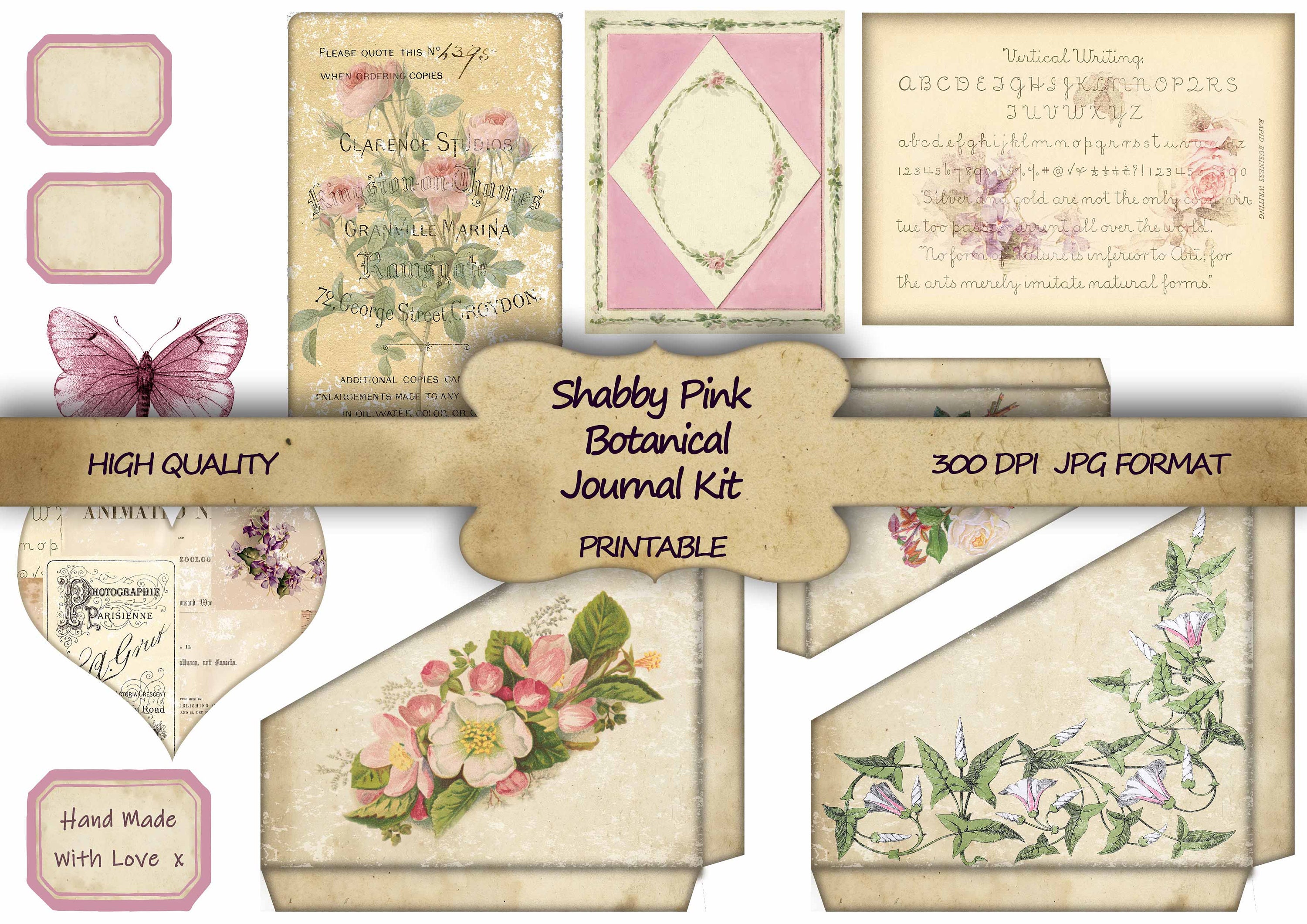 Junk Journal Kit Shabby Pink Botanical Printable Paper Shabby Chic ...
