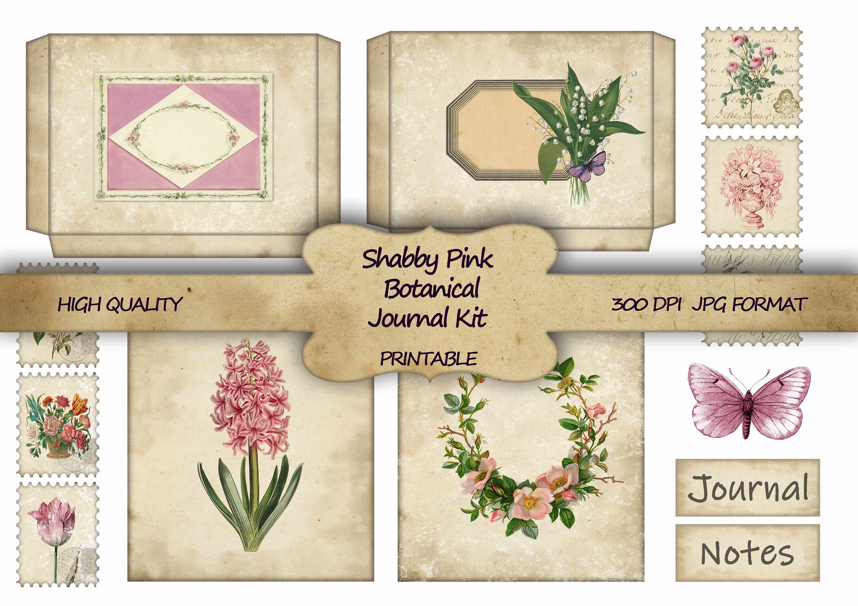 Junk Journal Kit Shabby Pink Botanical Printable Paper Shabby Chic ...