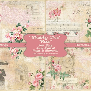 Shabby Chic Rose, format A4, journal indésirable imprimable, éphémères vintage, journal indésirable numérique, fournitures pour journal indésirable, feuilles de collage