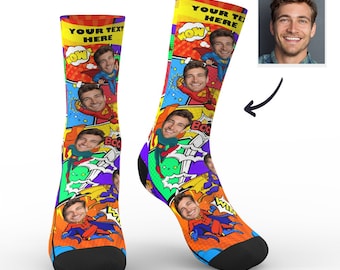 Bande dessinée de chaussettes photo personnalisées - Mettez n’importe quel visage et texte sur les chaussettes Mettez n’importe quel visage sur les chaussettes, chaussette personnalisée avec texte, grimaces sur les chaussettes,