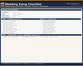 Liste de contrôle de configuration de la restauration de mariage | Guide journalier en 4 phases | Pré-événement à travers la ventilation | Modèle PDF de traiteur