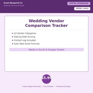 May include: Digital download template for wedding planning. The image features a Wedding Vendor Comparison Tracker with sections for 12 vendor categories, side-by-side scoring, and a contact log. It works in Excel and Google Sheets.