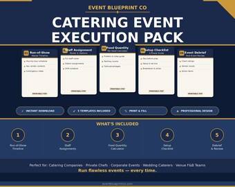 Pack de modèles d'événements de restauration | Présentation générale, personnel, calculatrice de nourriture, liste de contrôle de configuration (PDF)