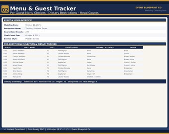 Tableur Excel de suivi des invités de menu de mariage | Décompte automatique des entrées et du journal alimentaire