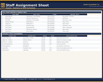 Modèle de feuille de travail pour le personnel de restauration | Liste des événements et affectations des stations PDF | Outil de traiteur