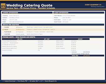 Modèle de devis de restauration de mariage | Ensembles de services à 3 niveaux, prix détaillés et calendrier de paiement | PDF traiteur