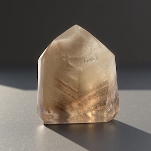May include: A faceted, light brown crystal point with a flat base and a pointed top. The crystal has internal striations and a translucent quality, with a shadow cast on a gray surface.