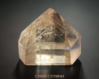 May include: A faceted, light amber crystal with a pyramidal top and a hexagonal base. The crystal is translucent, with visible internal structures and inclusions. The text "CASA CITRINA" is at the bottom.