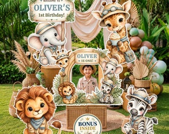 Safari Birthday Cutout Party Decor – Watercolor Jungle Animals, Photo Booth Frame (Digital Download)