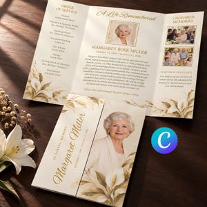 May include: A tri-fold funeral program for Margaret Rose Miller featuring a portrait of an elderly woman, calla lily illustrations, and text including Order of Service, A Life Remembered, and Cherished Memories. The design uses gold accents.