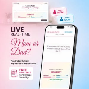 May include: A smartphone displaying a live voting game titled Mom or Dad with the question Who was the first one to panic when the testpack showed two lines. The screen shows the correct answer is Mommy with 67 percent and Daddy with 33 percent.