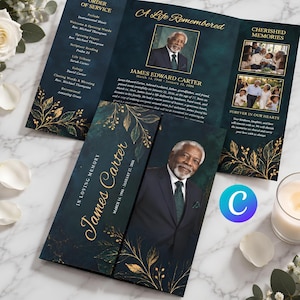 May include: A tri-fold funeral program featuring a dark teal background with gold leaf illustrations. The text reads A Life Remembered, James Edward Carter, and In Loving Memory. It includes photographs of a man in a suit and family photos.