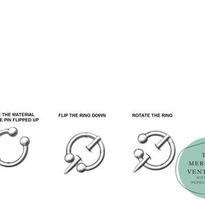 Puede incluir: Un diagrama que muestra c&oacute;mo usar un anillo con un pasador para perforar un material. El primer paso muestra el pasador volteado hacia arriba, el segundo paso muestra el anillo volteado hacia abajo y el tercer paso muestra el anillo girado.