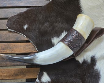 Viking Drinking Horn with Leather Holder: Food Safe Cow Horn