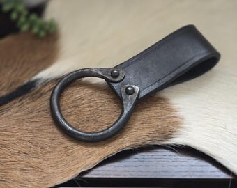 Axe Frog Belt Holder Leather With forged Ring Riveted Medieval Re-enactment Costume
