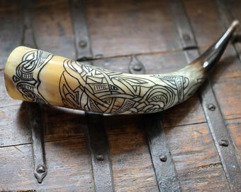 Fenrir or Raven Motif Viking Drinking Horn: Food Safe Engraved Cow Horn